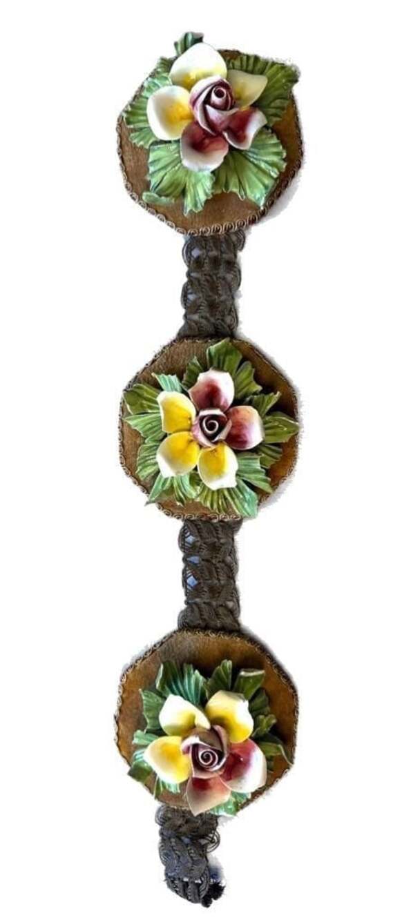 Vintage Made in Italy Capodimonte Style Porcelain Floral Wall Hanging 3 Panel